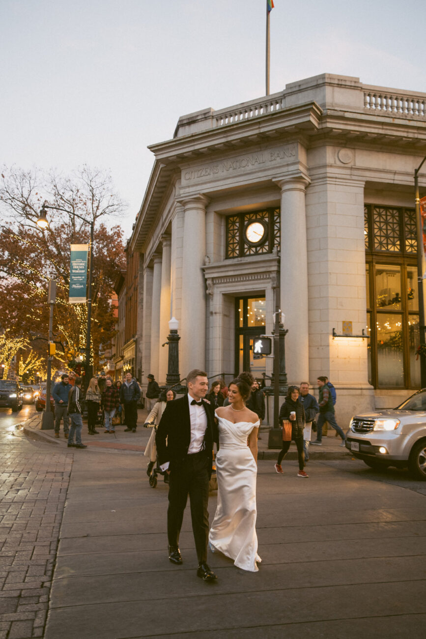 Wedding couple outside Citizens Ballroom in downtown Frederick
