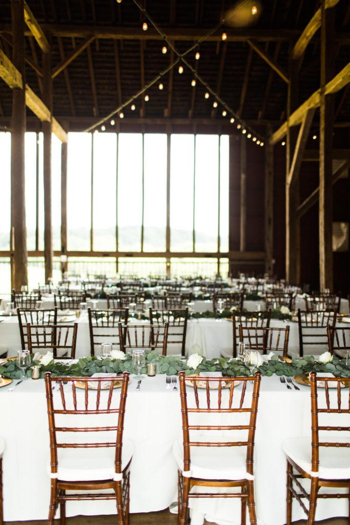 Wedding reception inside the restored barn at Dulany’s Overlook