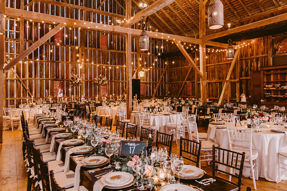 Wedding reception inside the historic barn at Riverside on the Potomac