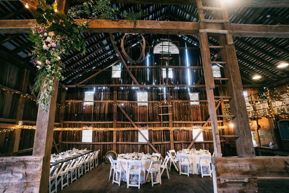Wedding reception inside the historic barn at Rocklands Farm Winery