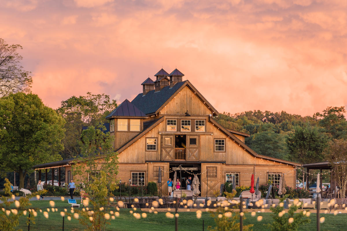 Stone Tower Winery barn at sunset in Leesburg